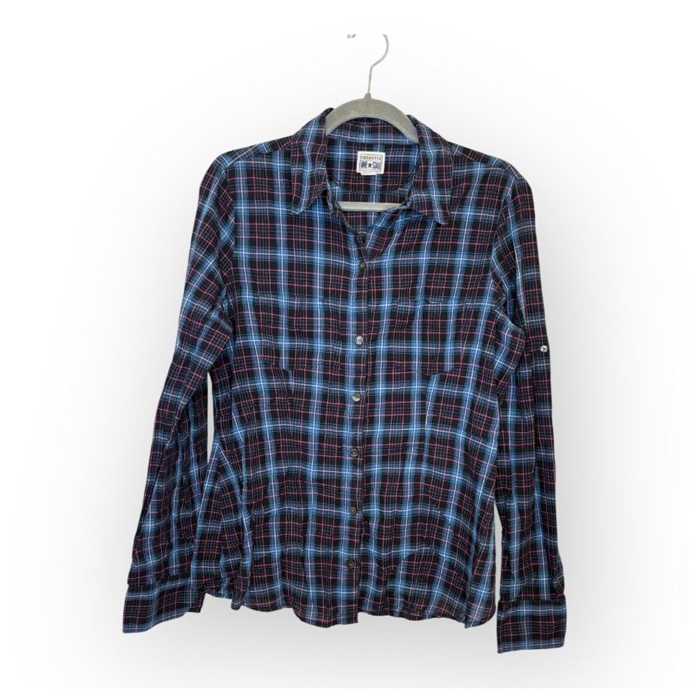 Converse One Star Blue Red Plaid Button Down Shirt Grunge Flannel Women’s Large